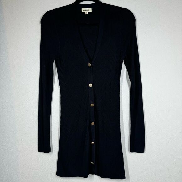 L'Agence Millie Knit Cardigan Sweater Black Long Line V-Neck Chevron Size Small